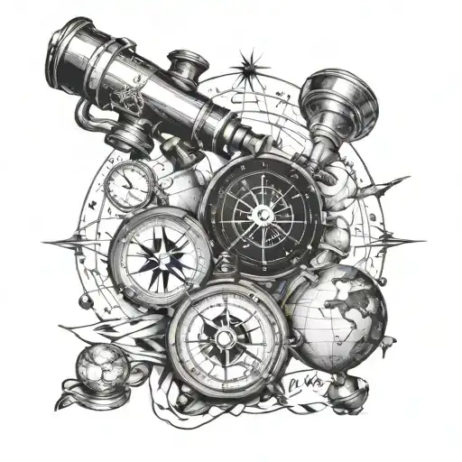 compass and binoculars and sextant and globe tattoo design idea