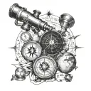 compass and binoculars and sextant and globe tattoo design idea