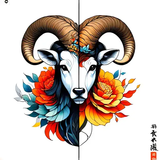 Aries in half realistic and half geometric style tattoo design idea