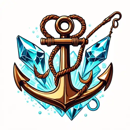 A traditional anchor design with fishing hooks and crystals intertwined, symbolizing a love for fishing and the mystical world tattoo design idea