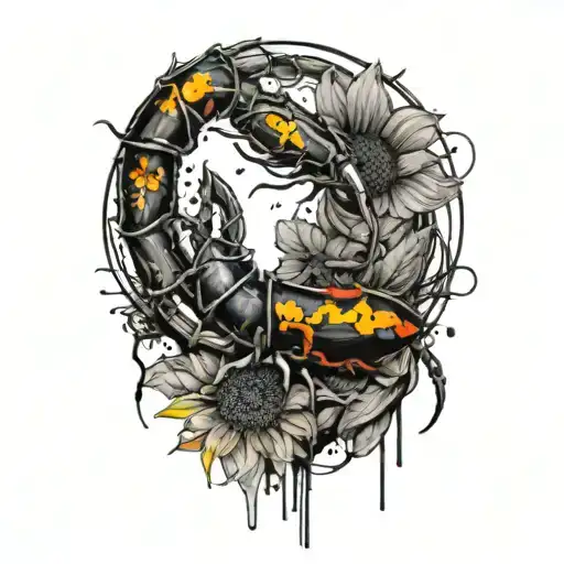 Scorpion with sunflower blooming tattoo design idea