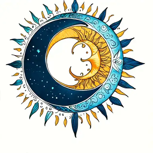 Create a neo-traditional tattoo design for the back of my palm, featuring an interconnected moon and sun. The moon and s tattoo design idea