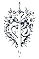 A dagger stabbing through a heart, coiled by a snake, with spiky flowers blooming around it. tattoo design idea