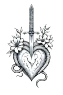 A dagger stabbing through a heart, coiled by a snake, with spiky flowers blooming around it. tattoo design idea