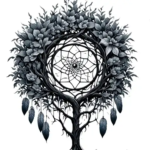 tree of life, dream catcher entangled in a beautiful tattoo design idea