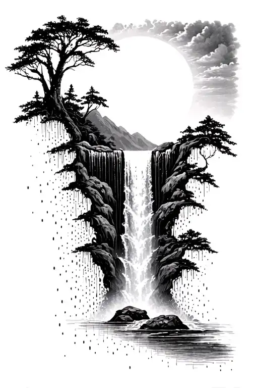 a sun melting into a waterfall that turns into rain tattoo design idea