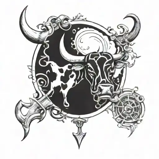 A fusion design of a Taurus and Pisces zodiac symbol incorporating elements of the ocean and a cow milker's tools tattoo design idea