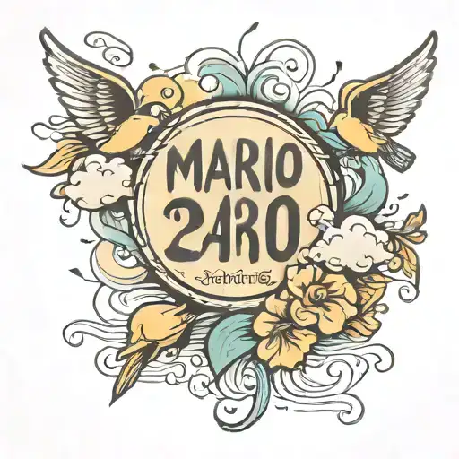 the name Mario in cursive with the date september 6 1951 with sun ray, birds, and clouds on my arm  tattoo design idea