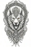 fenrir whit runes and snake, tree of life intertwined, viking axes tattoo design idea