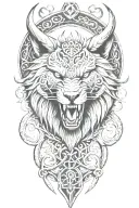 fenrir whit runes and snake, tree of life intertwined, viking axes tattoo design idea