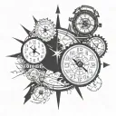 clock with year 1981,2002,2010,2013 and 2015 with compass and map. and viva los tios. sillouette of stadium  tattoo design idea