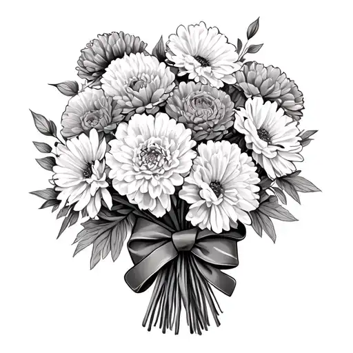 flower bouquet carnations, asters, chrysanthemums with bow around stems tattoo design idea