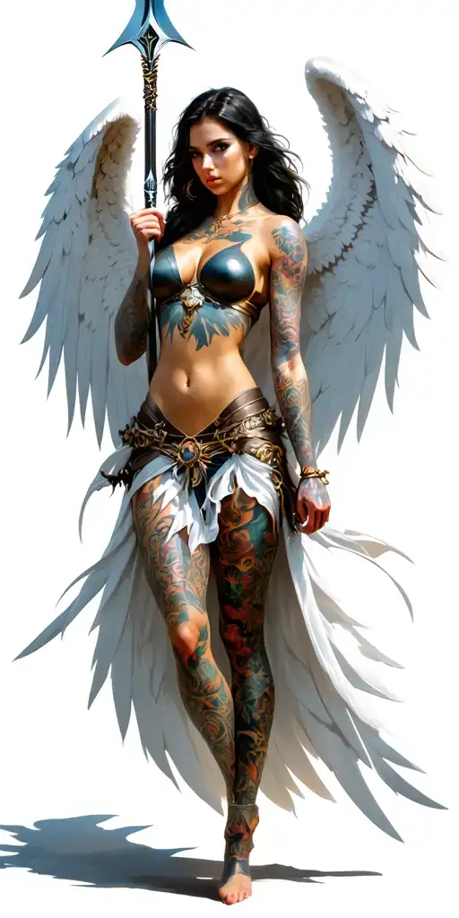 fantasy style, tattooed, female battle angel with all white wings using a spear tattoo design idea