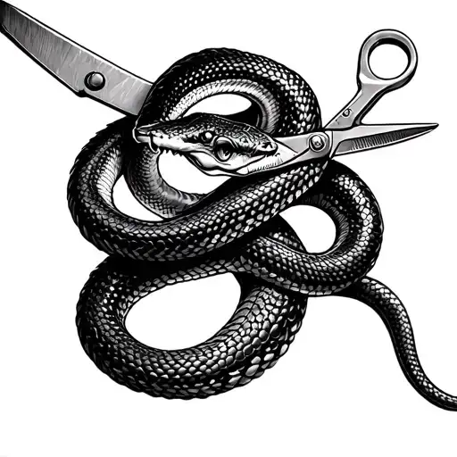 black and white drawing of snake intertwined with vintage metal scissors  tattoo design idea