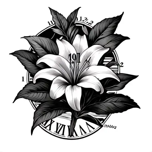 Lilly flower with horizon in background and Roman numerals 11:30 and 11/21/22 tattoo design idea