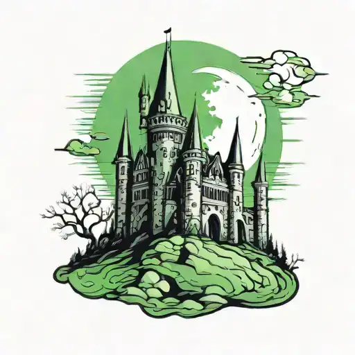 gothic castle, bright green sky with moon in the background tattoo design idea