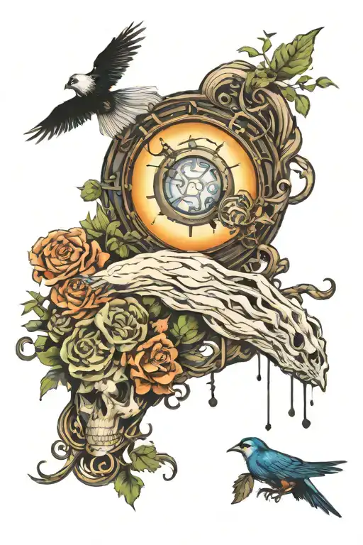 Arcane VI Gear and Arcane Jinx Cloud, with a touch of nature, one hand, slender tattoo design idea