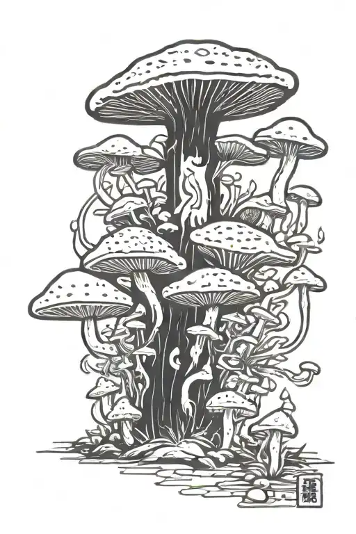 mushrooms and basquiat crown tattoo design idea