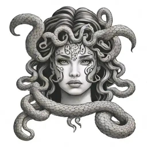 Half of Medusa's face, minimalist, details in the eyes and snakes tattoo design idea
