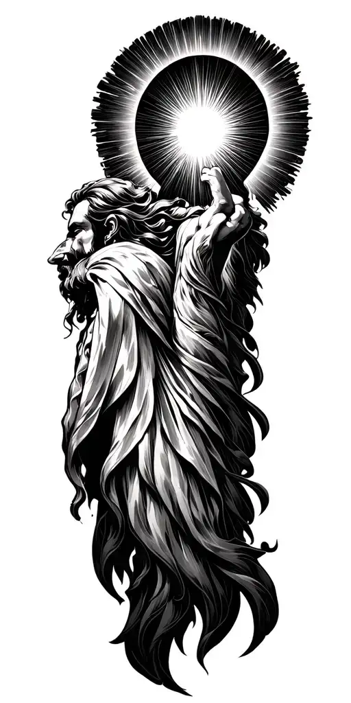 Top (Shoulder / Throne Area)	•	Keep Yahweh (יהוה) above in the radiant beams.	•	Make the Throne of God more intricate  tattoo design idea