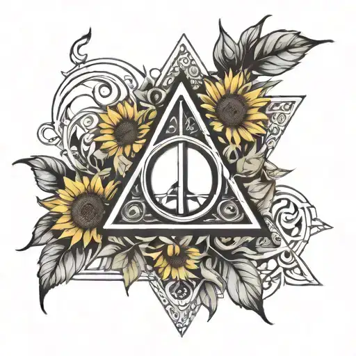 deathly hallows logo on the middle in single black lines, surrounded by sunflowers in colour and vines with a book open tattoo design idea