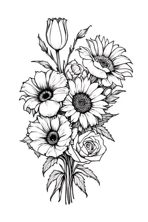 A fine line black and white bouquet tattoo for the forearm. It includes 2 tulips, 1 poppy, 1 sunflower, and 1 rose arran tattoo design idea