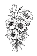 A fine line black and white bouquet tattoo for the forearm. It includes 2 tulips, 1 poppy, 1 sunflower, and 1 rose arran tattoo design idea