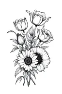 A fine line black and white bouquet tattoo for the forearm. It includes 2 tulips, 1 poppy, 1 sunflower, and 1 rose arran tattoo design idea
