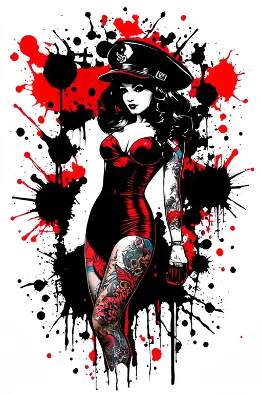 Sexy pin up girl, side profile, full body view, standing, petite, large boobs, Army hat tattoo design idea