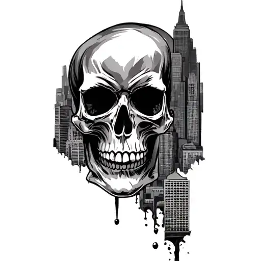 skull, chola tattoo, city skyline tattoo design idea