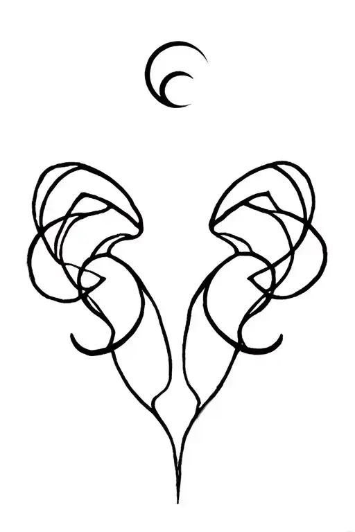 Minimalist, without details, without colors, only black transparent background, Aries symbol with the smallest moon above tattoo design idea