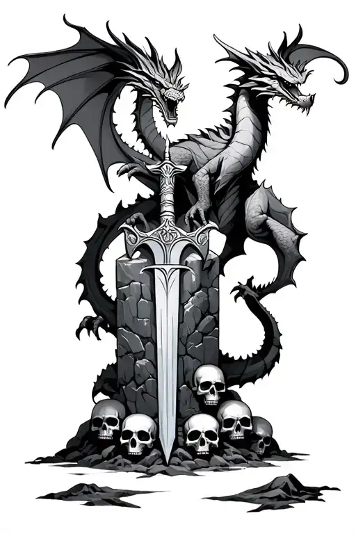a dragon pulling excalibur out of a stone with 6 skulls at the base of the stone tattoo design idea
