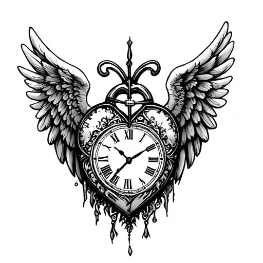 Heart clock Angel Wings tattoo design idea