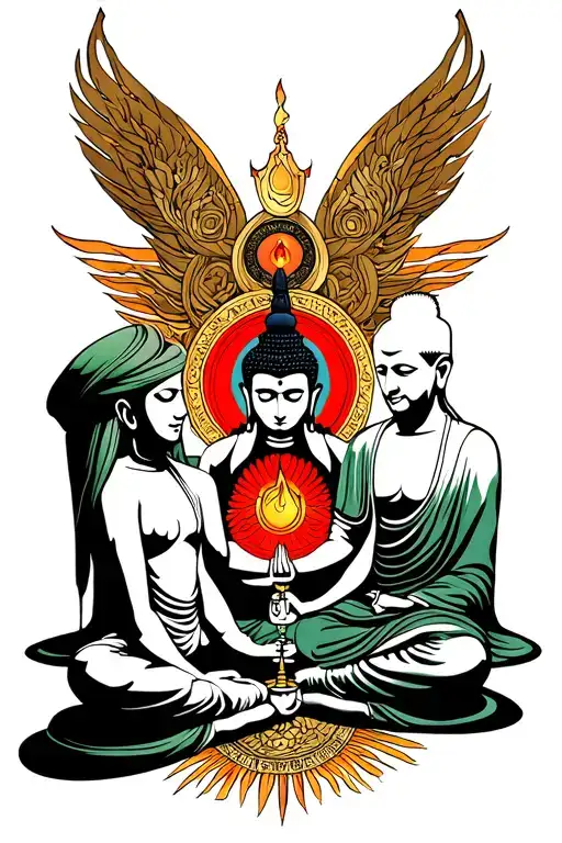 Islam vs Antichrist vs Buddha sitting together tattoo design idea
