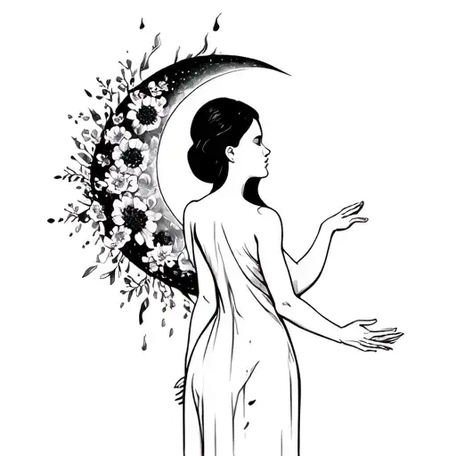 female figure from the back, blank face side, sun bold line. moon loose watery, arms reaching out with smoky and flowery tattoo design idea