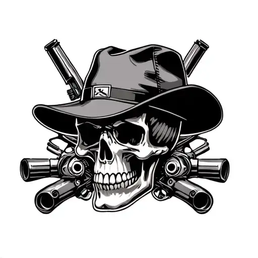 Design a skull wearing a trucker hat surrounded by motorcycle parts and gun barrels tattoo design idea