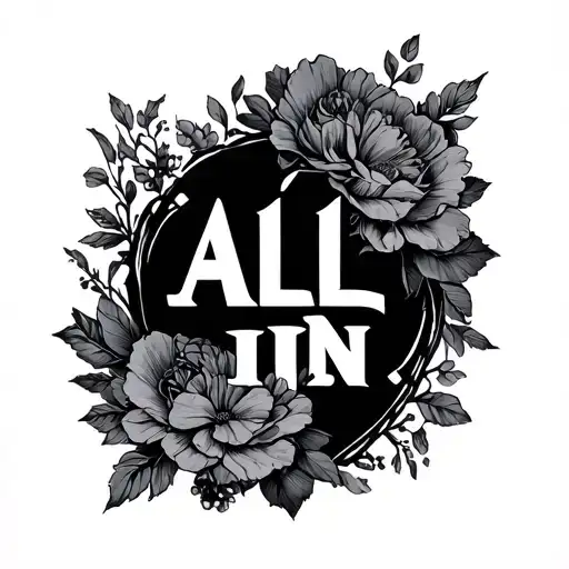 "All in" text with some design incorporating elements. Make it somple and feminine and elegant. tattoo design idea