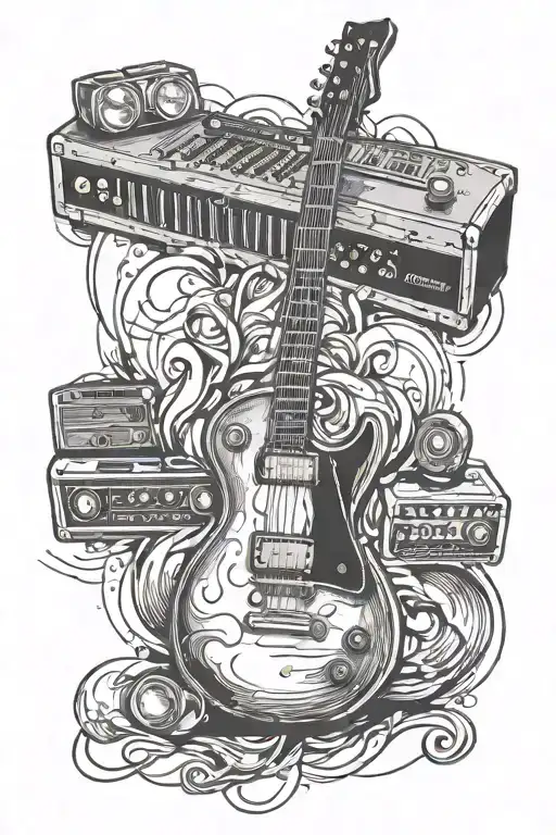 design a small tattoo that is reminiscent of old school rock and roll. include a les paul guitar and a synthesizer. plac tattoo design idea