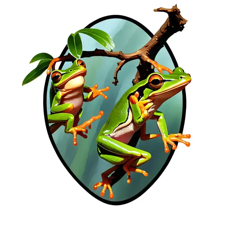 Three tree frogs hanging on a branch tattoo design idea