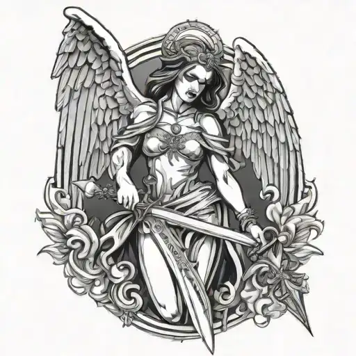 Gothic angel above Sword below tattoo design idea
