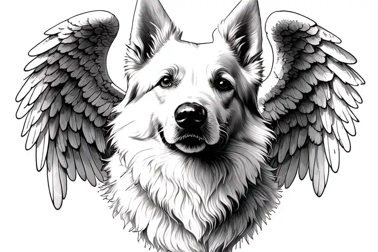 White swiss shepherd dog face angel wings heart shaped tattoo design idea