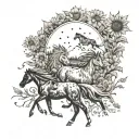 A herd of wild horses running through a field of sunflowers with a silhouette of a German Shepherd in the background tattoo design idea