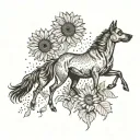 A herd of wild horses running through a field of sunflowers with a silhouette of a German Shepherd in the background tattoo design idea