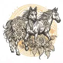 A herd of wild horses running through a field of sunflowers with a silhouette of a German Shepherd in the background tattoo design idea