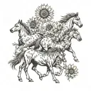 A herd of wild horses running through a field of sunflowers with a silhouette of a German Shepherd in the background tattoo design idea