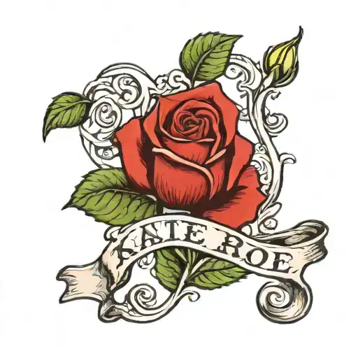 Irish inspired red rose tattoo with name "Kate" tattoo design idea