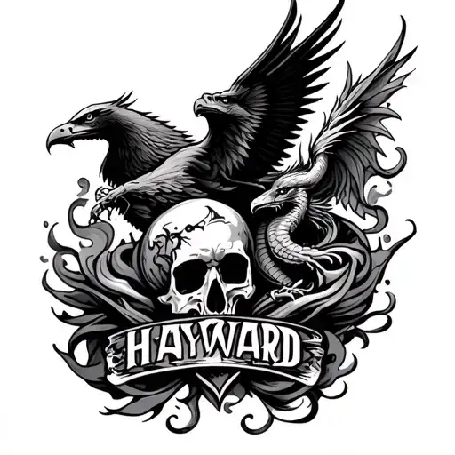 "Hayward" sigilism style tattoo with smoke a skull and a dragon and eagle  tattoo design idea