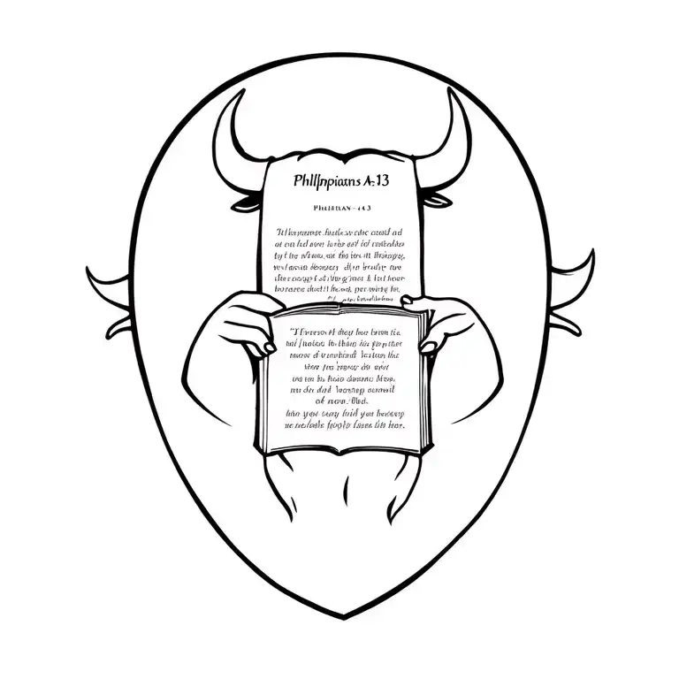 Muscle Bull holding a book bible verse Philippians 4:13 tattoo design idea