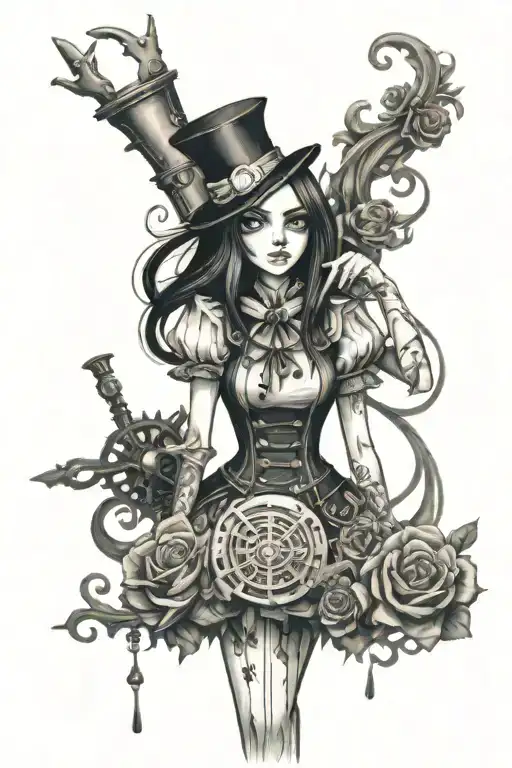 Alice madness returns with steam punk and flowers intertwined tattoo design idea