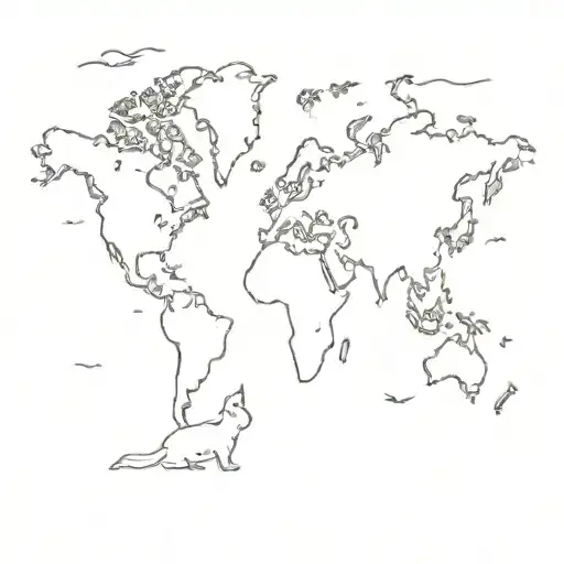 A minimalist outline of a world map with a small cat silhouette in each country tattoo design idea